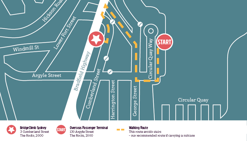 a map of the circular quay area showing walking directions to bridgeclimb sydney from overseas passenger terminal