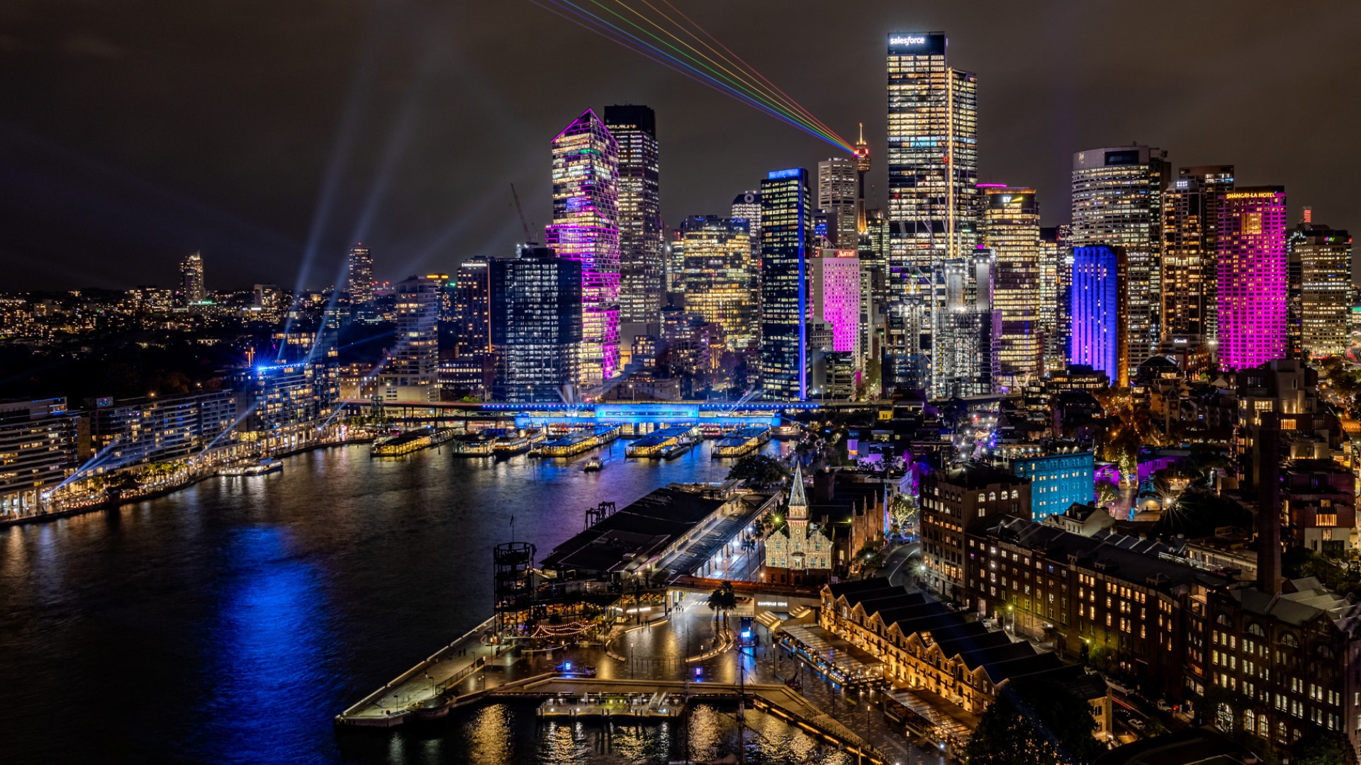 Vivid Sydney lights as seen from the harbour bridge