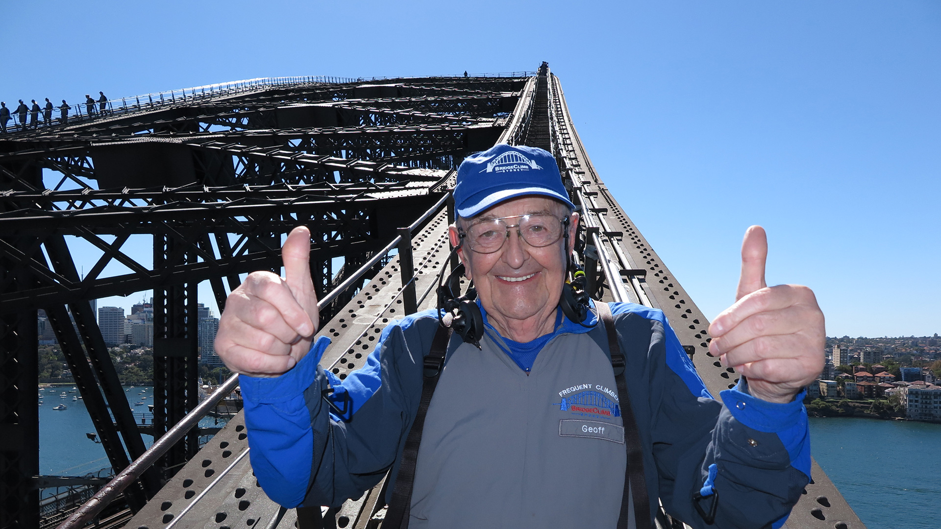 Geoff Schmidt celebrating his 92nd BridgeClimb