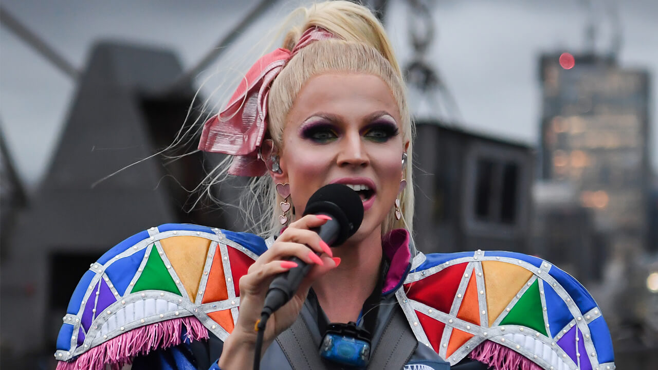 Drag queen Courtney Act performed on top of Australia’s iconic Sydney Harbour Bridge to kick off BridgeClimb’s Mardi Gras celebrations
