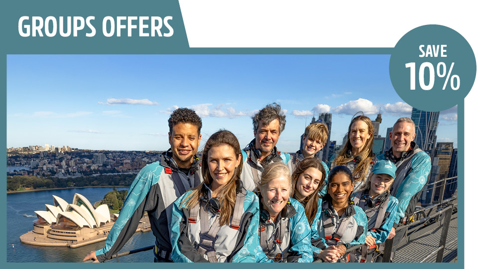 bridgeclimb groups offer save 10% off for groups of ten or more, a group are cheering at the top of the sydney harbour bridge with opera house in the background
