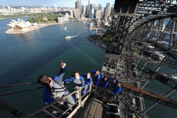 Climb leader taking a group up the Sydney Harbour Bridge