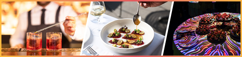 Vivid Groups Package Experience - picturing food images, gin, seafood, dessert platter