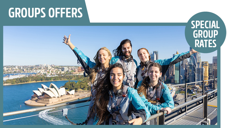bridgeclimb corporate events and packages special group rates, a group of climbers cheering looking out at the harbour
