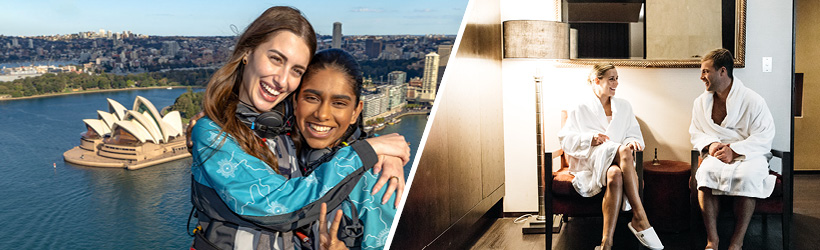 Two images - Image 1, two friends hugging at the summit of the Sydney Harbour Bridge, Image 2, person enjoying infrared sauna