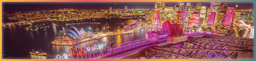 the views of the vivid sydney festival from the top of the sydney harbour bridge