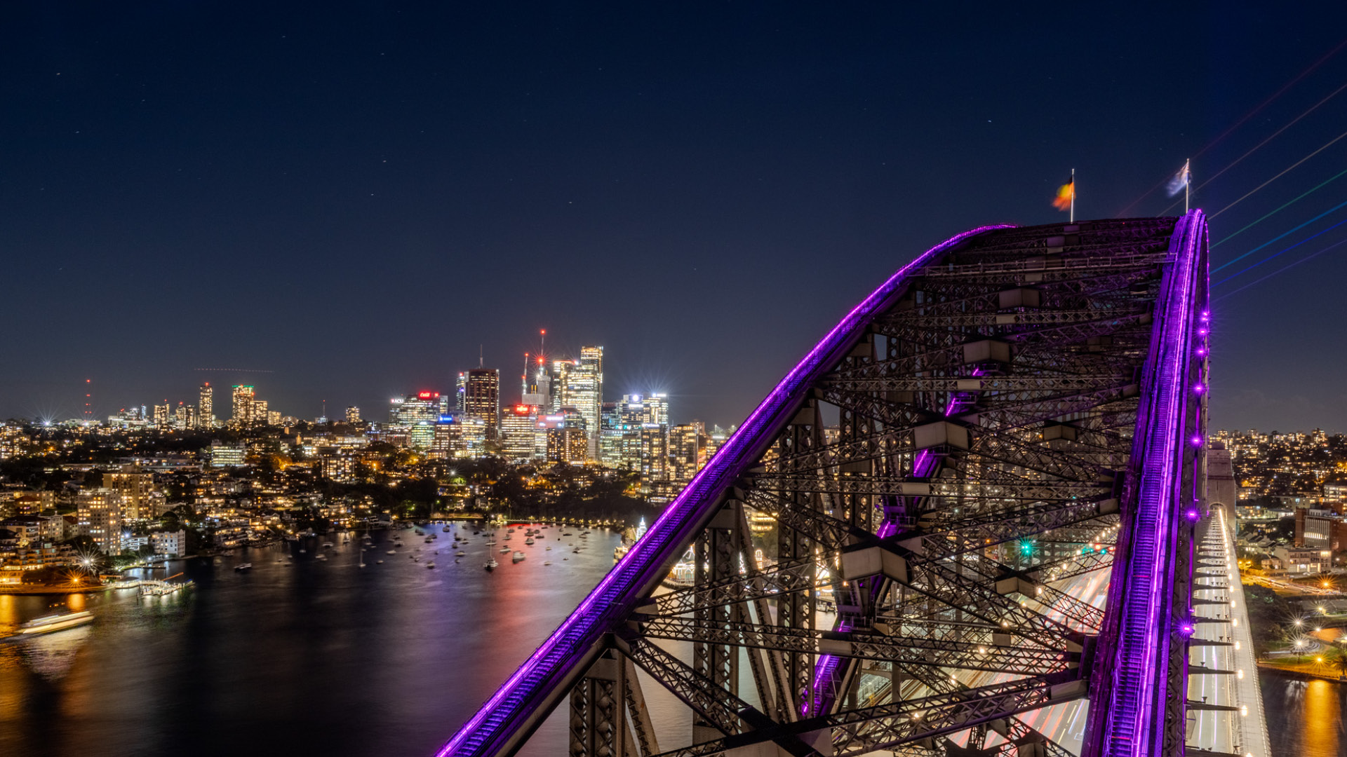 Sydney Harbour Bridge lit up during Vivid Sydney